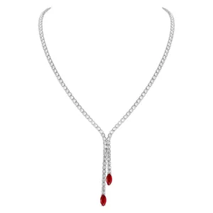 Luxury Y-shaped zircon necklace featuring two vivid marquise-cut red stones at ends.