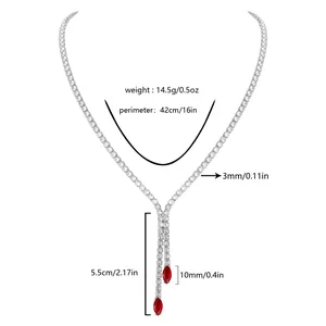 Close-up detail of a silver zircon necklace featuring red marquise-cut stones with measurements.