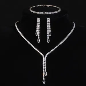 Detailed shot of luxury marquise zirconia necklace, earrings and bracelet jewelry set