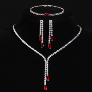 Luxurious silver-tone zircon jewelry set with marquise-cut red stones for women