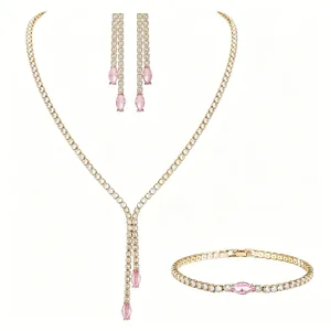 Detail view of a luxury zircon jewelry set with necklace, earrings, and bracelet.