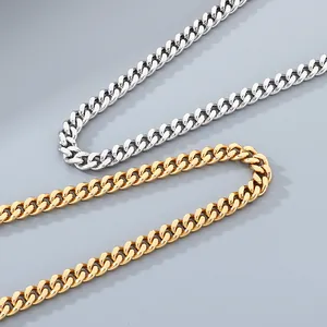 Close-up detail of 8mm stainless steel Cuban link necklace in gold and silver finishes.