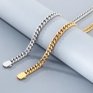 Detail view of 8mm stainless steel Cuban link chains in premium gold and silver finishes.