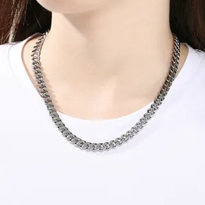 Detailed shot of an 8mm polished stainless steel Cuban link necklace on a model.