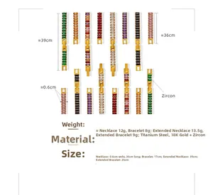 Detailed size chart for colorful zircon 18k gold plated stainless steel necklace set