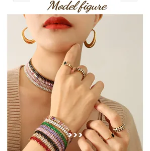 Model wearing luxury 18K gold plated jewelry set with colorful square zircon stones