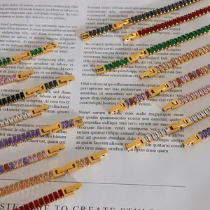 Colorful rectangular zircon tennis bracelet set in 18k gold plated stainless steel