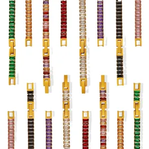 Colorful rectangular zircon tennis bracelets in 18k gold plated titanium steel finish
