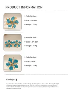Detail view of floral jewelry set with material, size, and weight specifications.