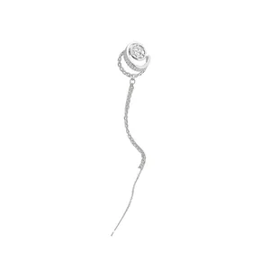 Elegant silver zircon double-layered ear cuff with long tassel chain threader