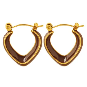 Retro V-förmige Creolen aus Gold-Titanstahl mit dunkelbrauner Emaille-Einlage für Damen