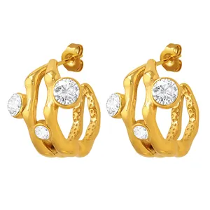 French vintage lava texture gold-plated stainless steel C-shape earrings with zircons