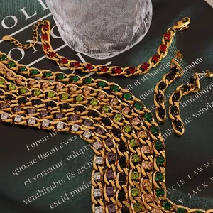 Niche Design Titanium Steel Colorful Zirconia Jewelry Set For Women Fashion OL Cuban Chain Necklace Bracelet Earrings