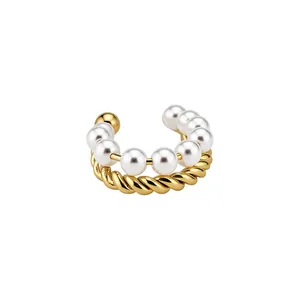 Elegant French style double-layer ear cuff with white pearls and gold twisted rope design