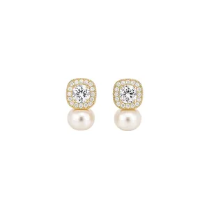 Elegant high-end pearl stud earrings with sparkling halo zircon accents in gold