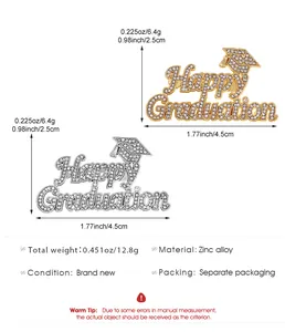 Detailed view of Happy Graduation brooches with dimensions and sparkling rhinestones