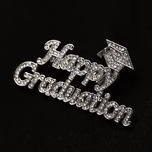 Silver graduation brooch with Happy Graduation lettering and crystal rhinestones