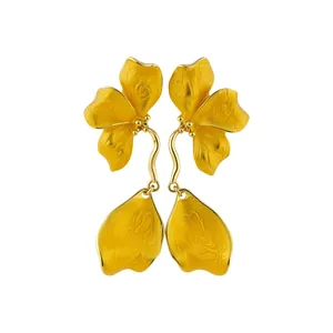 Elegant gold-tone yellow enamel flower drop earrings with a detailed petal texture