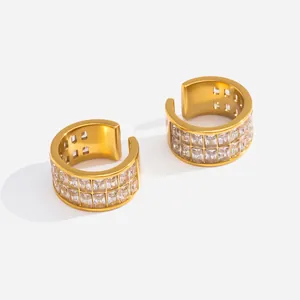 Clip d'oreille Minimaliste en Acier Inoxydable Double Rangée Zirconia Carré sans Perçage Boucles d'oreilles Femme