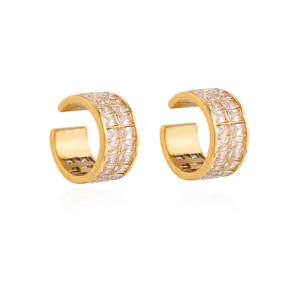 Manchettes d'oreilles premium en acier doré avec des pierres de zircone rectangulaires