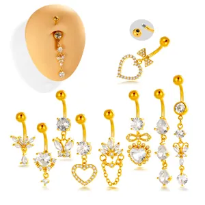Piercing de Ombligo de Cobre y Acero Inoxidable con Colgante de Corazón y Lazo de Strass Joyería Corporal para Mujer
