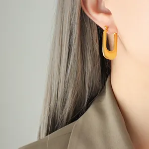 Pendientes De Aro En Forma De U Chapados En Oro De 18K Acero De Titanio Textura Nervada Vertical Hip Hop Para Mujer