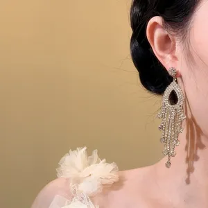 Macro detail view of elegant French style silver rhinestone tassel earrings on model