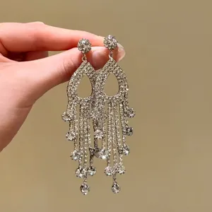 Detailed view of luxury French-style silver tassel earrings with sparkling rhinestones