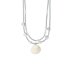 Double layer stainless steel shell necklace with silver heart charms and pearls decoration