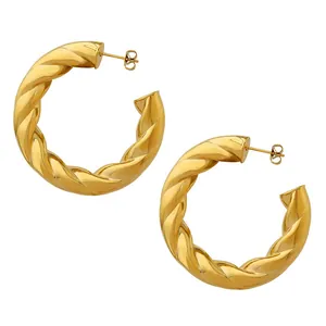 Golden twisted hoop earrings in titanium steel with polished mirror finish for women