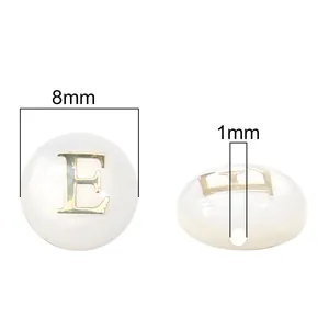 8mm natural shell round flat bead with gold letter E for DIY jewelry making and crafts
