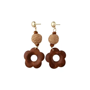 Vintage style wooden flower drop earrings with handcrafted woven beads design