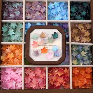 Colorful maple leaf shaped resin glass beads set for jewelry making in 12 grid wooden box