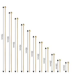 Golden stainless steel ball head pins in multiple lengths from 15mm to 70mm for DIY jewelry