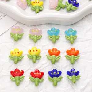 Macro view of colorful tulip-shaped glass beads for DIY jewelry and crafts