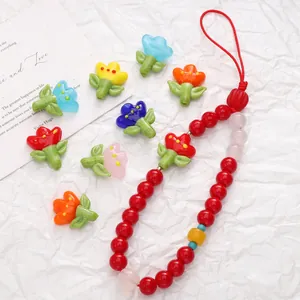 Handmade tulip flower glass beads and colorful DIY beaded mobile phone charm set