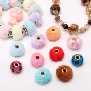 Colorful plush faux fur beads with gold metal tube holes for DIY craft jewelry making