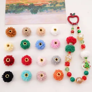 Polyester Faux Fur Pompom Beads With Metal Eyelet Center Large Hole Round Fluffy Beads For DIY Jewelry Making Phone Chain Materials