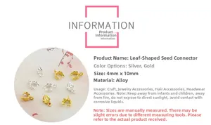 Detailed spec sheet for 4x10mm alloy leaf pendants in gold and silver finishes