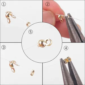 Detail showing the assembly steps for 14K gold filled crimp covers and bead tips for DIY