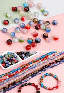 Detailed macro view of colorful crackle glass beads for DIY bracelets and necklaces