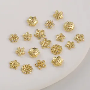 14K gold plated flower and snowflake spacers with cubic zirconia for DIY jewelry