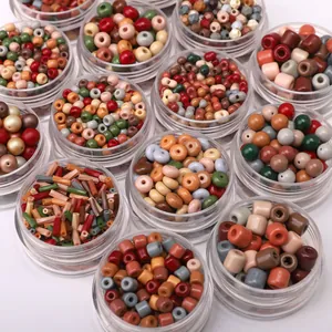 Macro view of assorted autumn-colored glass beads in clear jars for DIY jewelry making