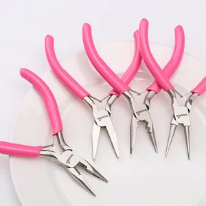 Close-up of a 4-piece pink jewelry tool set including pliers for DIY crafting projects