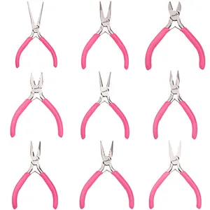 9-piece professional pink jewelry tool set with round, needle, and flat nose pliers