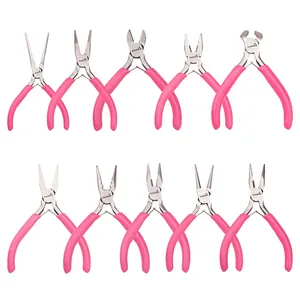 10-piece pink precision jewelry tool set including round nose and needle nose pliers