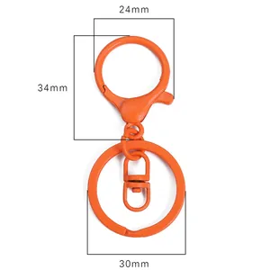 Fermoir mousqueton en métal peint orange vif et anneau plat pour porte-clés DIY 34mm 30mm