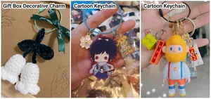 DIY accessory collection showing crochet flower, acrylic anime keychain and trendy doll charm