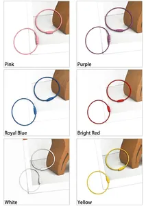 Detail view of colorful coated wire keychains with threaded twist locks in six colors
