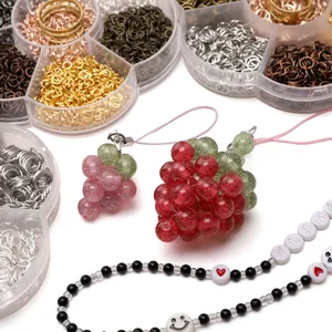 DIY jewelry making kit featuring beaded grape charms and various metal jump rings in a box